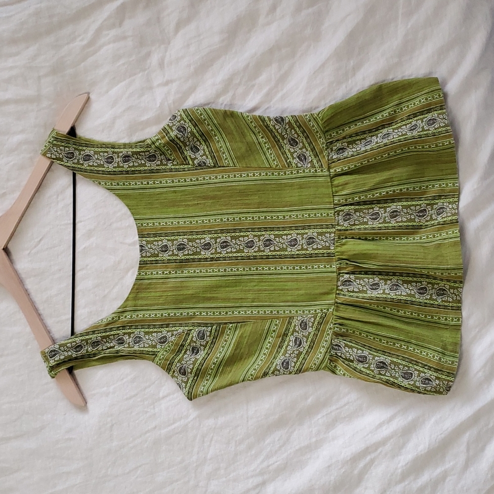 Prana Green Embroidered Tank Top | W's S | Ruffle Bottom, Cropped, Side Zip |